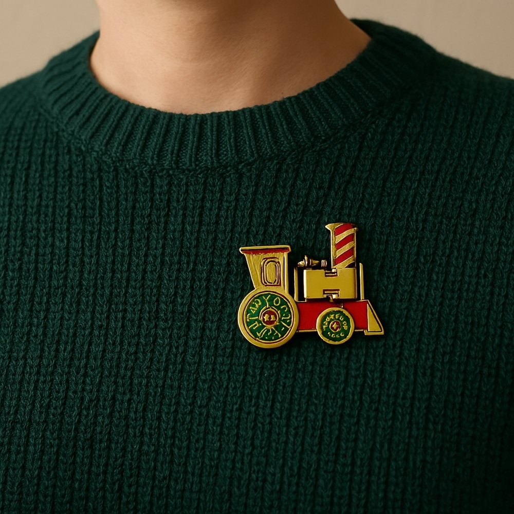Vintage Enameled Brooch Holiday Train Engine 1.5”